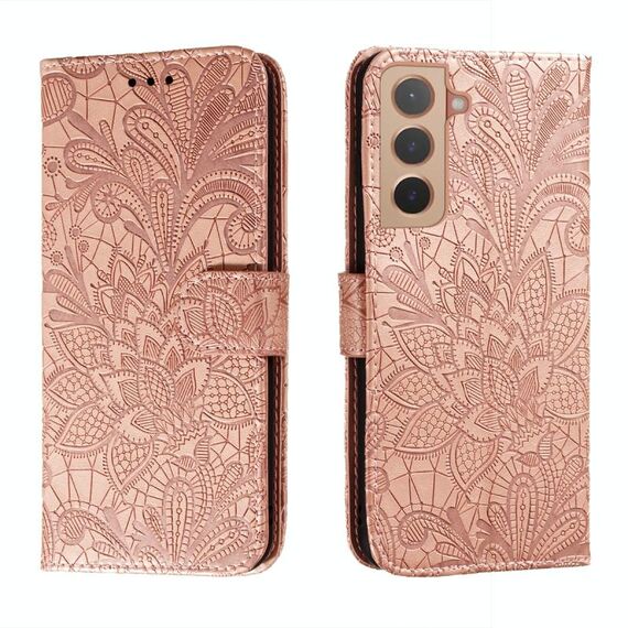 Per Samsung Galaxy S22 5G Cassa del telefono in pelle di pizzo con titolare e slot per schede e portafoglio e cornice per foto (oro rosa)