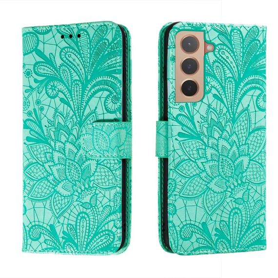 Per Samsung Galaxy S22 5G Cassa del telefono in pelle di pizzo con supporto e carta Slot e portafoglio e cornice fotografica (verde)