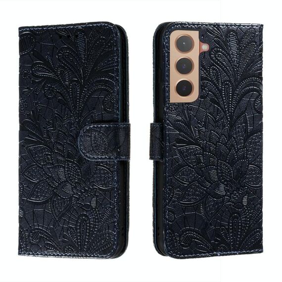 Per Samsung Galaxy S22 5G Cassa del telefono in pelle di pizzo con titolare e carta Slot & Portafoglio e cornice fotografica (blu scuro)