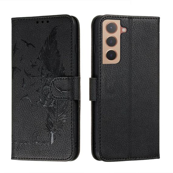 Per Samsung Galaxy S22 5G Pattern di piume Litchi Texture Case Telefono in pelle con titolare e slot per schede e portafoglio (nero)