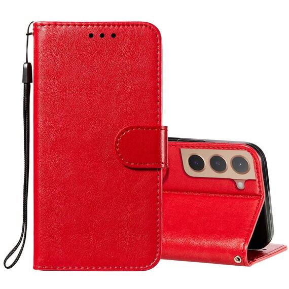 Per Samsung Galaxy S22 5G Cassa del telefono in pelle massello con supporto e carta Slot & Portafoglio e cordino (rosso)