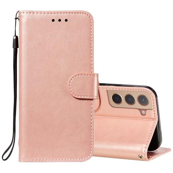 Per Samsung Galaxy S22 5G Cassa del telefono in pelle massello con supporto e carte Slot & Portafoglio e cordino (oro rosa)
