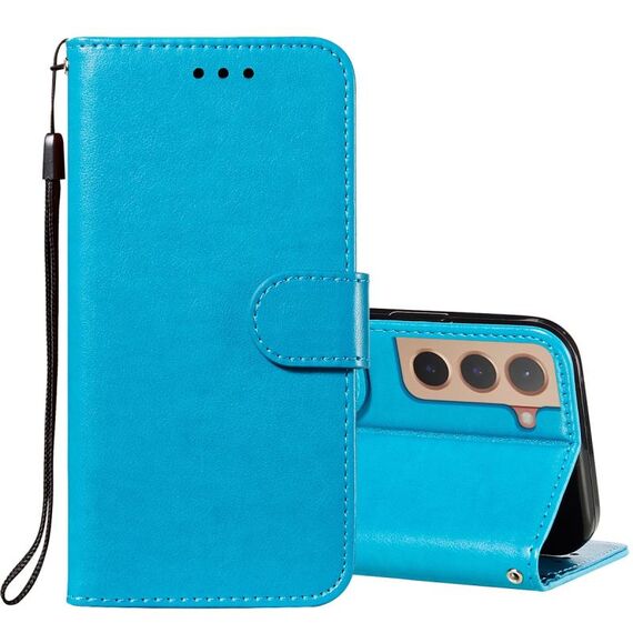 Per Samsung Galaxy S22 5G Cassa del telefono in pelle massello con supporto e carte Slot & Portafoglio e cordino (blu)