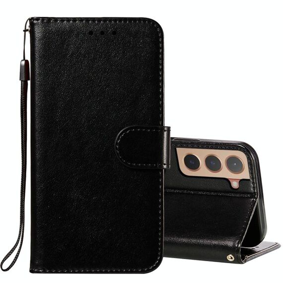 Per Samsung Galaxy S22 + 5G Cassa del telefono in pelle massello con supporto e carta Slot & Portafoglio e cordino (nero)