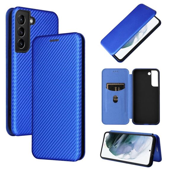 Per Samsung Galaxy S22 in fibra di carbonio texture in fibra di carbonio magnetica custodia in pelle flip (blu)