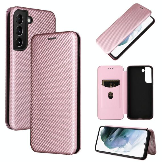 Per Samsung Galaxy S22 in fibra di carbonio texture in fibra di carbonio flip custodia in pelle flip (rosa)