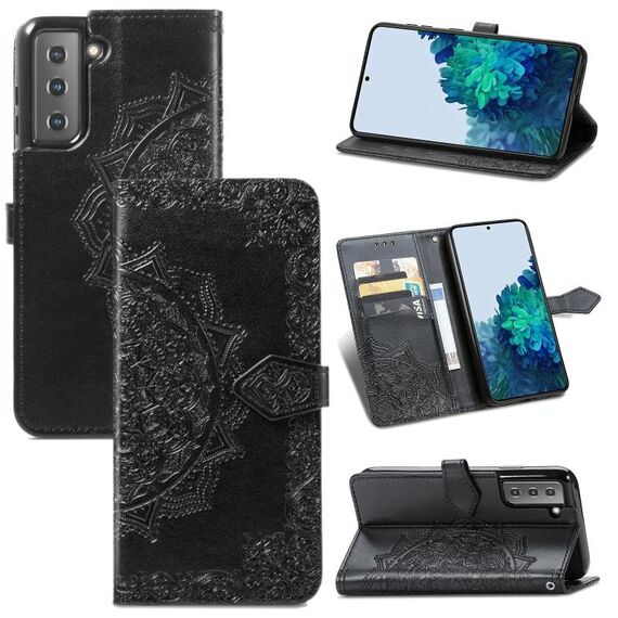 Per Samsung Galaxy S22 5G mandala fiore in rilievo in rilievo in pelle orizzontale in pelle con supporto e carta slot e portafoglio e cordino (nero)