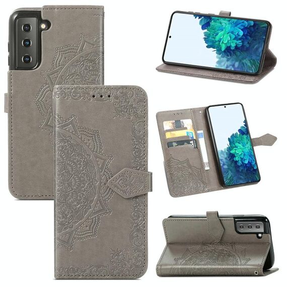 Per Samsung Galaxy S22 5G Mandala Flower goffrato in pelle orizzontale in pelle orizzontale con titolare e carte Slot & Portafoglio e cordino (grigio)