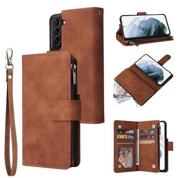 Per Samsung Galaxy S22 5G custodia in pelle multifunzione con slot e supporto per carte e portafoglio con cerniera e cornice per foto (marrone)