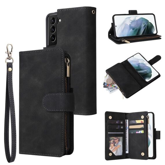Per Samsung Galaxy S22 5G Custodia in pelle multifunzionale con slot e supporto per carte e portafoglio con cerniera e cornice fotografica (nero)