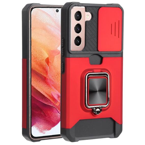 Per Samsung Galaxy S22 5G Coperchio della fotocamera scorrevole PC + Cassa del telefono antiurto TPU con porta anello e slot per schede (rosso)