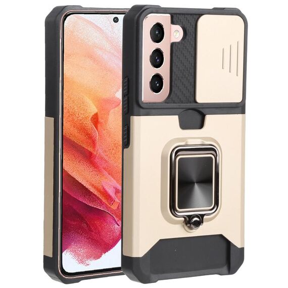 Per Samsung Galaxy S22 5G Coperchio fotografica scorrevole Design PC + TPU Cassa del telefono antiurto con porta anello e slot per schede (oro)