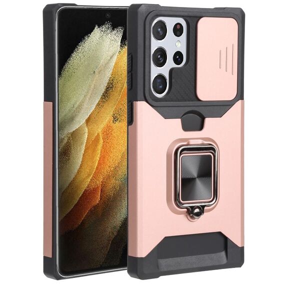 Per Samsung Galaxy S22 Ultra 5G Sliding Camera Design Design PC + TPU Cassa del telefono antiurto con porta anello e slot per schede (oro rosa)