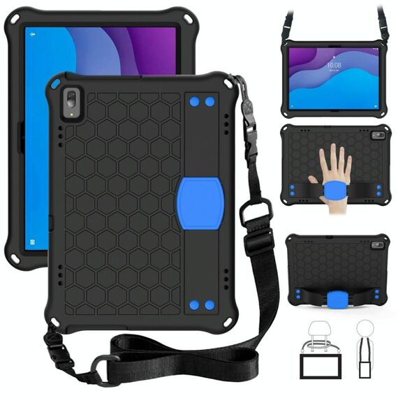 Per Lenovo TAB M10 TB-X505X / F Design a nido d'ape EVA + PC Materiale PC Quattro angoli Anti cadere Shell protettiva piatta con cinturino (nero + blu)