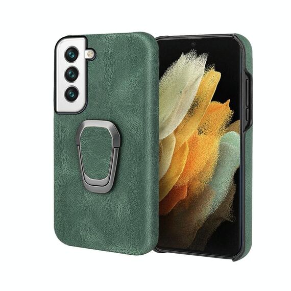 Cassa del telefono PU del supporto per anello per Samsung Galaxy S22 5G (verde scuro)