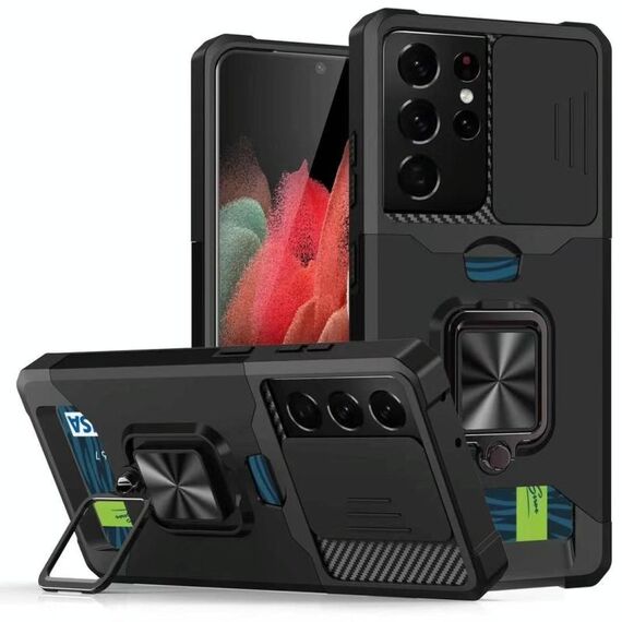 Per Samsung Galaxy S21 Ultra 5G Coperchio della fotocamera scorrevole Design PC + Custodia antiurto TPU con porta anello e slot per schede (nero)