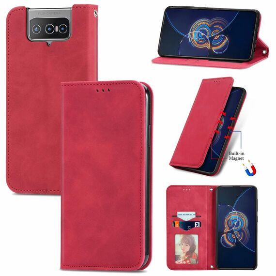 Per Asus Zenfone 8 Flip Skin Self Self Affari Business Magnetic orizzontale flip custodia in pelle con supporto e carta Slot e portafoglio e cornice fotografica (rosso)