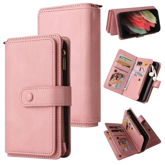 Per Samsung Galaxy S21 Ultra 5G Skin Feel PU + TPU Custodia in pelle flip orizzontale con titolare e 15 carte Slot & Portafoglio e cerniera Pocket & Lanyard (rosa)