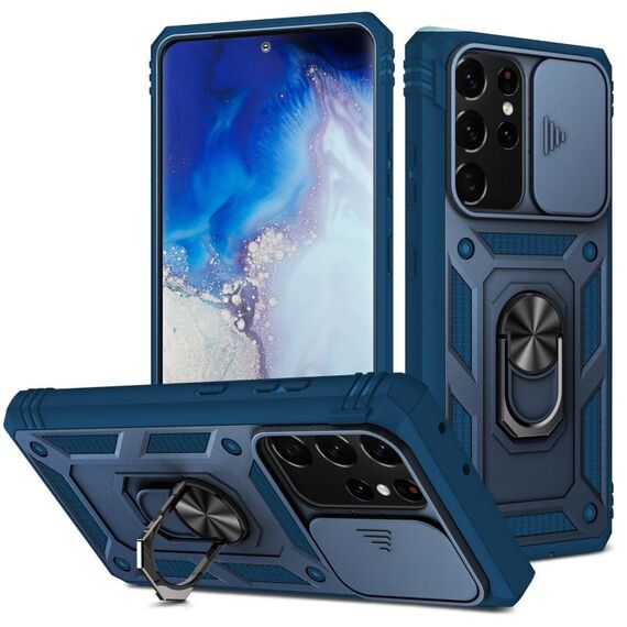 Per Samsung Galaxy S21 Ultra 5G Coperchio fotografica scorrevole Design Design TPU + PC Custodia protettiva con supporto rotante a 360 gradi e slot per schede (blu + blu)