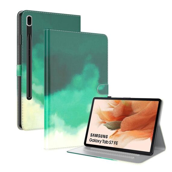 Per Samsung Galaxy Tab S7 FE 12.4 Pollice 2021 T730 / T736 Tensione Tensione ACQUATORE MODELLO PELLE SENTIRE SENTIONE MAGNETICO Horizontal flip custodia in pelle PU con supporto e carte Slot & Photo Frame (Cyan Green)