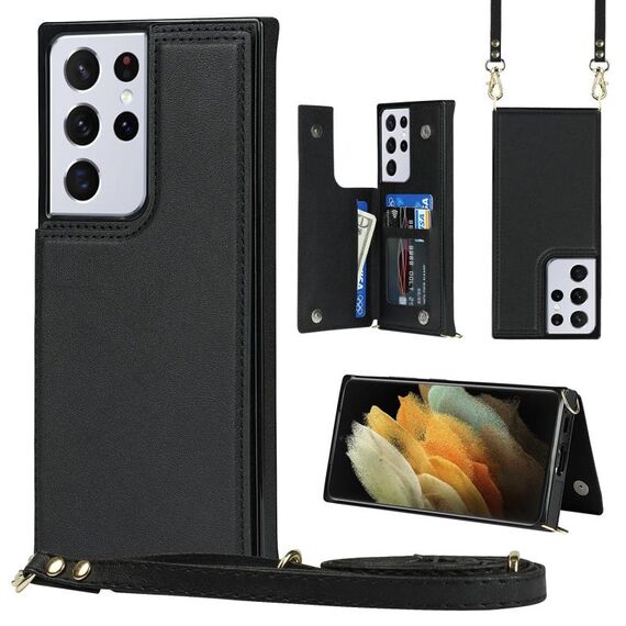 Per Samsung Galaxy S21 Ultra 5G Cross-Body Square Doppia Fibbia Flip Scheda Borsa TPU + Custodia PU con slot per schede e portafoglio e foto e cinturino (nero)