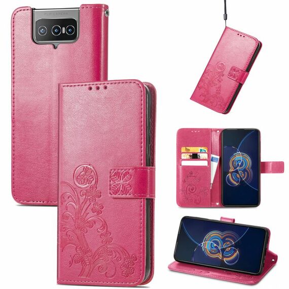 Per Asus Zenfone 8 flip Chiusura a quattro foglie a quattro foglie in rilievo Caso di protezione del telefono cellulare con custodia in pelle con cordino e slot per schede e funzione portafoglio e supporto per portafoglio (Magenta)