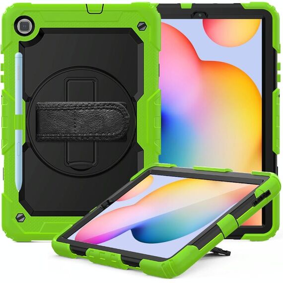 Per Samsung Galaxy Tab S6 Lite P610 Custodia protettiva antiurto in silicone colorato + PC con supporto e tracolla, tracolla e slot per penna (giallo verde)