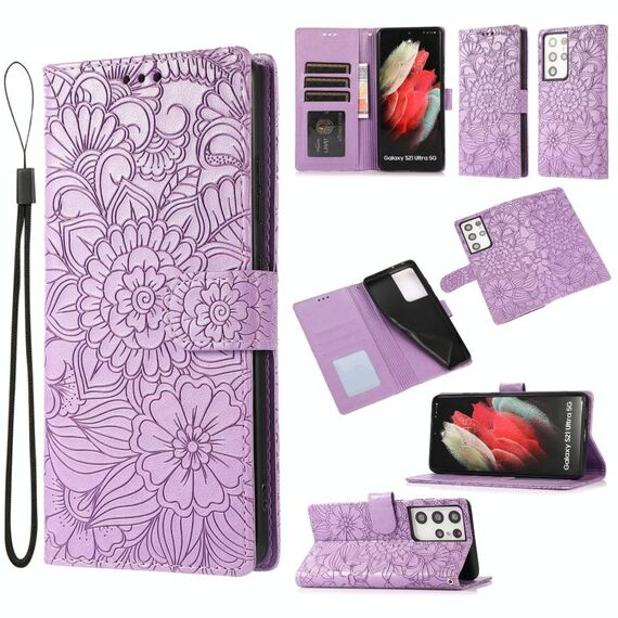 Per Samsung Galaxy S21 Ultra 5G Skin Self sentore con girasole in rilievo Giamina in pelle orizzontale in pelle con supporto e carte Slot & Portafoglio e cordino (viola)