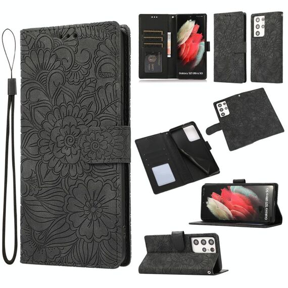 Per Samsung Galaxy S21 Ultra 5G Skin Selfise Gamborsa Giamina in pelle orizzontale in pelle orizzontale con titolare e carte Slot & Portafoglio e cordino (nero)