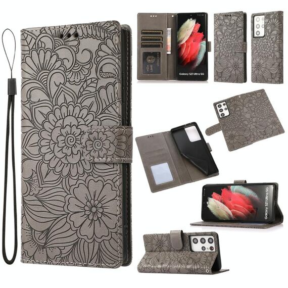 Per Samsung Galaxy S21 Ultra 5G Skin Self Joised Glox Sunflower Horizontal Pelle Custodia in pelle con supporto e carte Slot & Portafoglio e cordino (grigio)