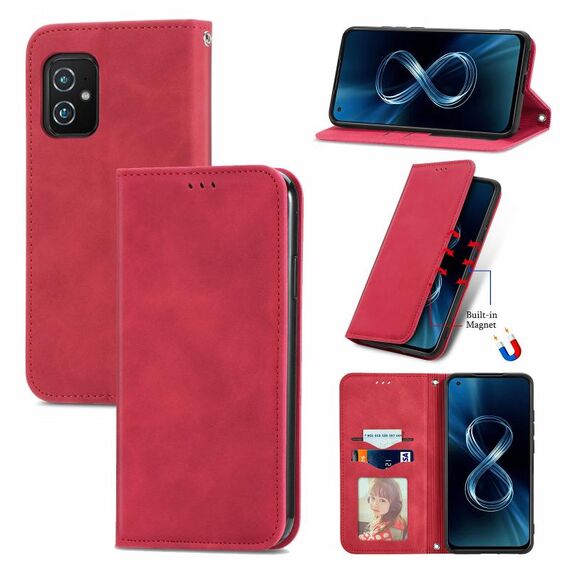 Per Asus Zenfone 8 ZS590KS Pelle retrò Sensazione Business Business Magnetic Horizontal Custodia in pelle flip con supporto e carte Slot e portafoglio e cornice fotografica (rosso)
