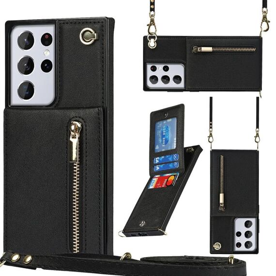 Per Samsung Galaxy S21 Ultra 5G Cross-Body Zipper Square TPU + PU Custodia posteriore con supporto e carte Slot & Portafoglio e cinturino (nero)