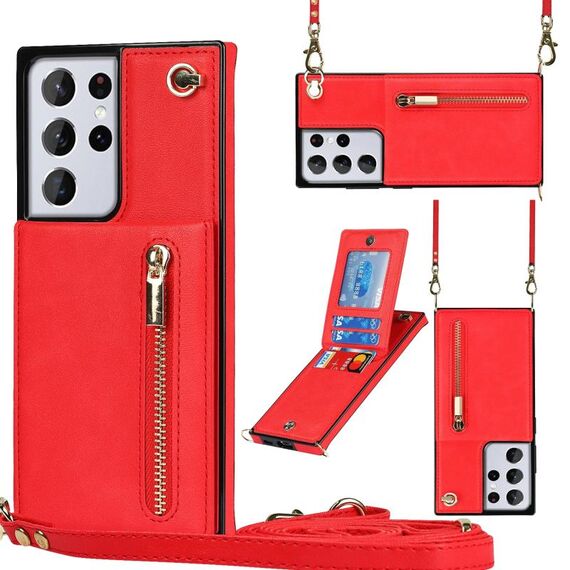 Per Samsung Galaxy S21 Ultra 5G Cross-Body Zipper Square TPU + PU Custodia posteriore con supporto e carta Slot & Portafoglio e cinturino (rosso)