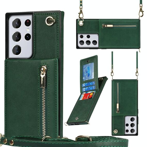Per Samsung Galaxy S21 Ultra 5G Cross-Body Zipper Square TPU + PU Custodia posteriore con supporto e carta Slot & Portafoglio e cinturino (verde)