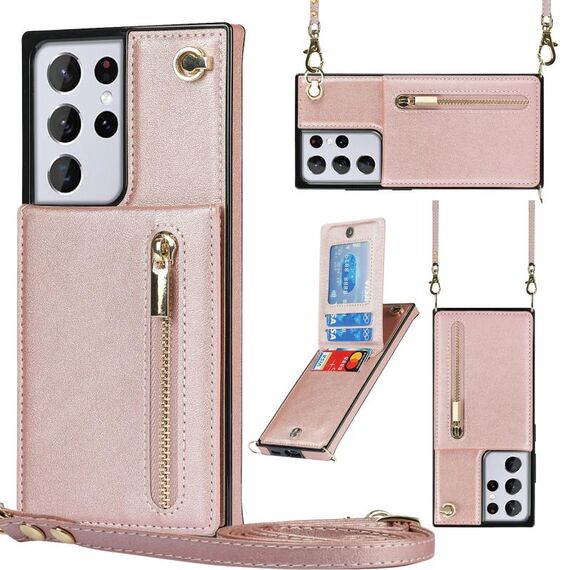 Per Samsung Galaxy S21 Ultra 5G Cross-Body Zipper Square TPU + PU Custodia posteriore con supporto e carta Slot & Portafoglio e cinturino (oro rosa)