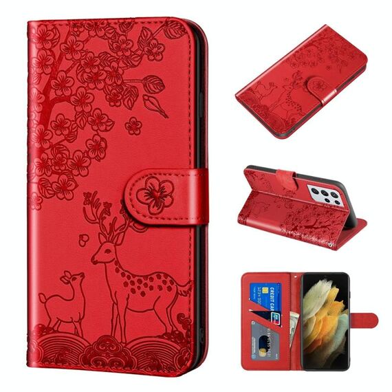 Per Samsung Galaxy S21 Ultra 5G Sika Deer Embossing Pattern Horizontal flip custodia in pelle PU con supporto e carta Slot & Portafoglio e cornice fotografica (rosso)