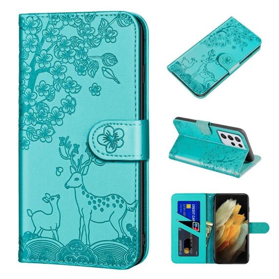Per Samsung Galaxy S21 Ultra 5G Sika Deer Embossing Pattern Caso in pelle flip orizzontale PU con supporto e carta Slot & Portafoglio e cornice per portafoglio (lago blu)