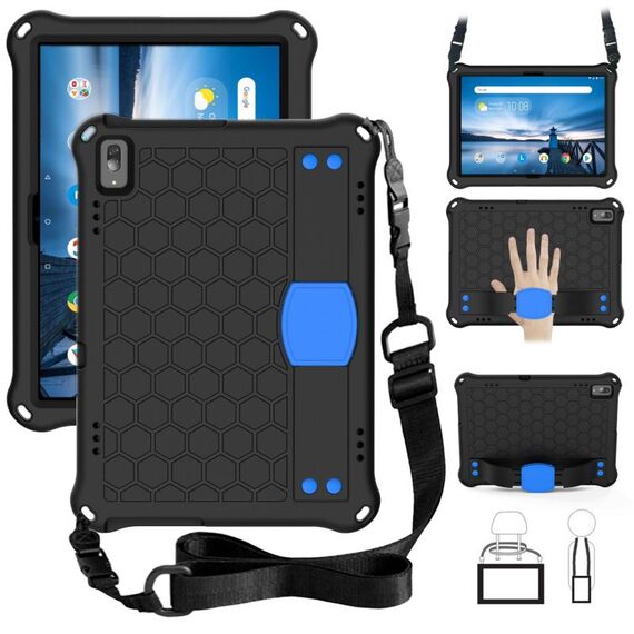Per Lenovo Smart Tab M10 TB-605F Design a nido d'ape + Materiale PC + PC Materiale quattro angolo Anti caduta piatto protettivo con cinturino (nero + blu)