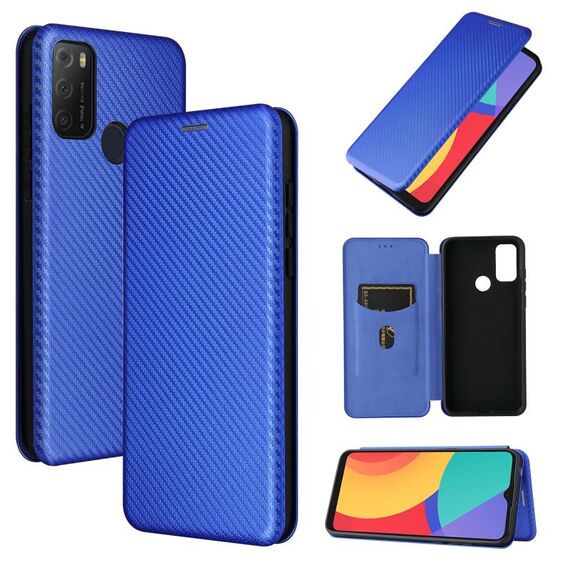 Per Alcatel 1s (2021) Texture in fibra di carbonio Magnetico orizzontale flip TPU + PC + custodia in pelle PU con slot per schede (blu)