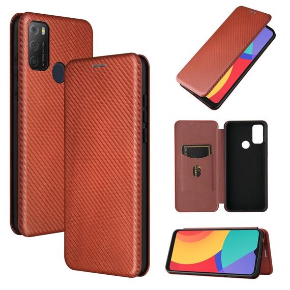 Per Alcatel 1s (2021) Texture in fibra di carbonio Gestione a flip orizzontale orizzontale TPU + PC + custodia in pelle PU con slot per schede (marrone)