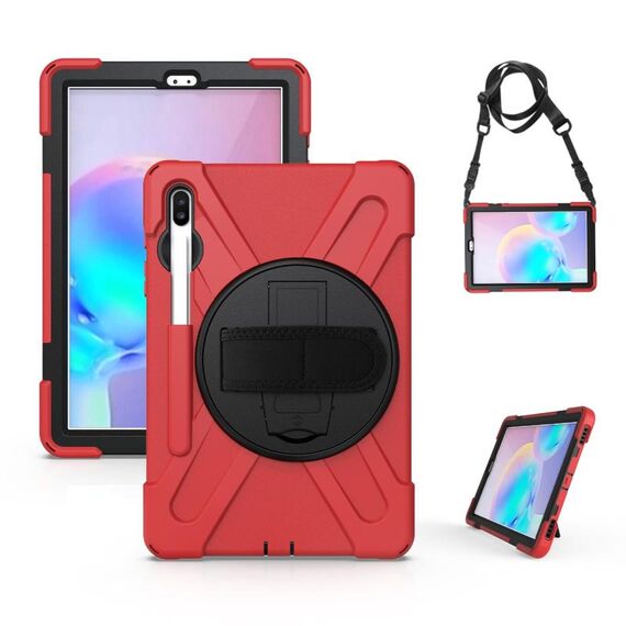 Per Samsung Galaxy Tab S6 10.5 pollici T860 / T865 Antifondo antiurto Silicone + custodia protettiva per PC con supporto e tracolla e cinturino a mano e slot a penna (rosso)
