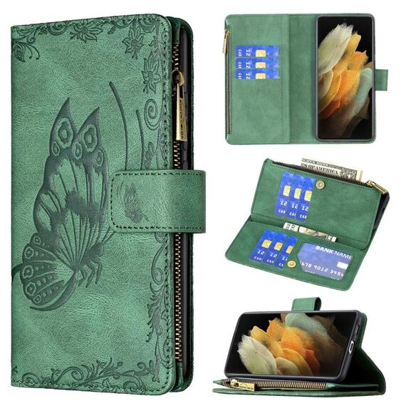 Per Samsung Galaxy S21 Ultra 5G Flying Butterfly Growding Pattern Caso in pelle orizzontale orizzontale con supporto e carte Slot & Portafoglio (verde)