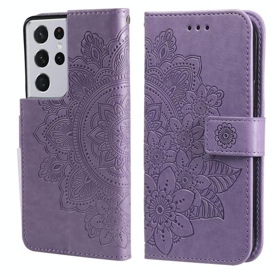 Per Samsung Galaxy S21 Ultra 5G 7-Petal Flowers Pattern Embossing Pattern Horizontal Flip custodia in pelle PU con supporto e carte Slot & Portafoglio e cornice fotografica (viola chiaro)