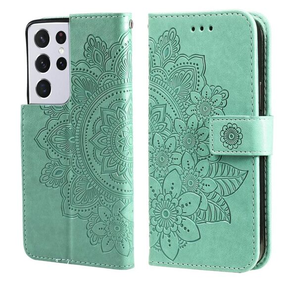 Per Samsung Galaxy S21 Ultra 5G 7-Petal Flowers Pattern Embossing Pattern Gestione orizzontale Custodia in pelle PU con supporto e carte Slot & Portafoglio e cornice (verde)