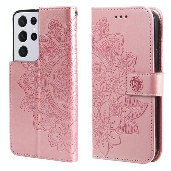 Per Samsung Galaxy S21 Ultra 5G Fiori di fiori a 7 petali Pattern Growding Horizontal flip custodia in pelle PU con supporto e carte Slot e portafoglio e cornice fotografica (oro rosa)