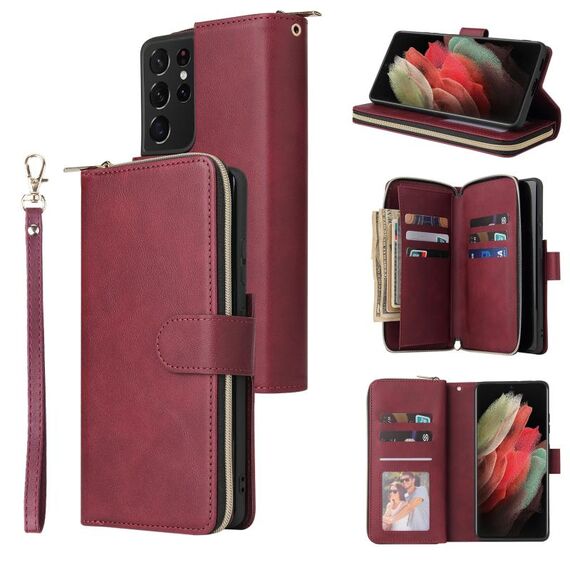 Per Samsung Galaxy S21 Ultra Zipper Portafoglio Borsa a portafoglio orizzontale Custodia in pelle PU con titolare e 9 Slot per schede e portafoglio e cordino e cornice fotografica (vino rosso)