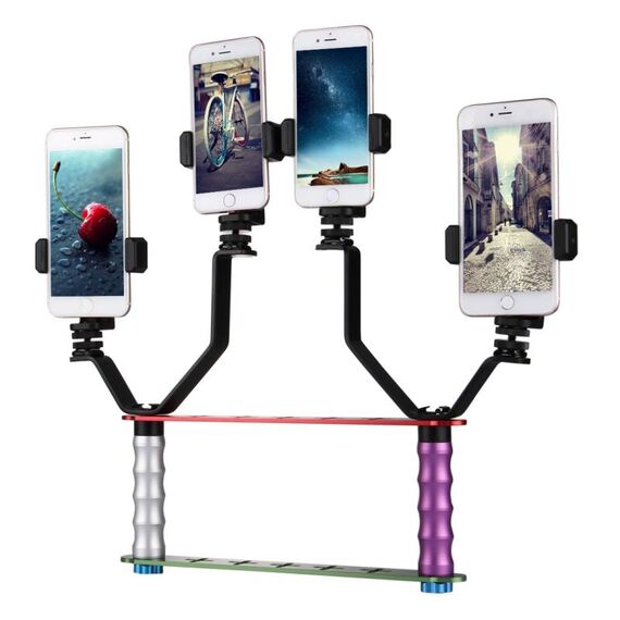 Staffa per trasmissione live per smartphone Doppio kit di montaggio per selfie a mano con 2x staffa a V + 3 clip per telefono, Per iPhone, Galaxy, Huawei, Xiaomi, HTC, Sony, Google e altri smartphone
