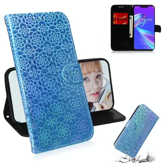 Per Asus Zenfone Max (M2) ZB633KL Custodia in pelle PU con fibbia magnetica colorata tinta unita con supporto e slot per schede, portafoglio e cordino (blu)