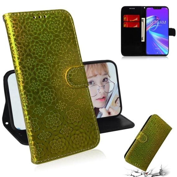 Per Asus Zenfone Max (M2) ZB633KL Custodia in pelle PU con fibbia magnetica colorata tinta unita con supporto e slot per schede, portafoglio e cordino (oro)