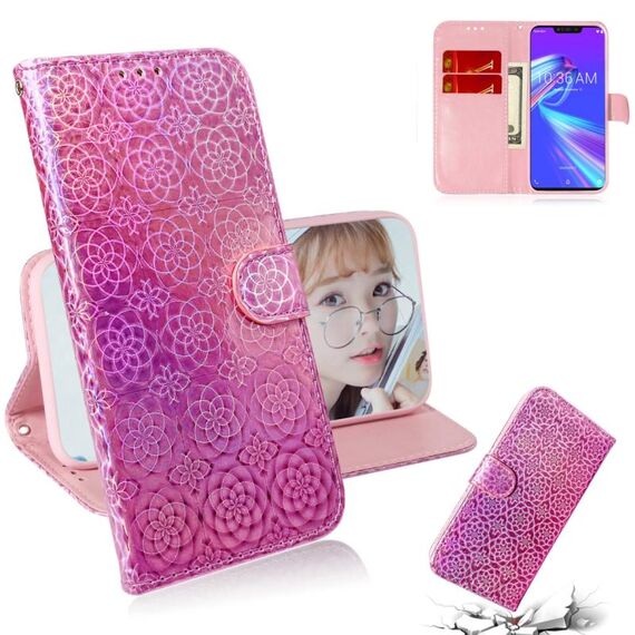 Per Asus Zenfone Max (M2) ZB633KL Custodia in pelle PU con fibbia magnetica colorata tinta unita con supporto e slot per schede, portafoglio e cordino (rosa)
